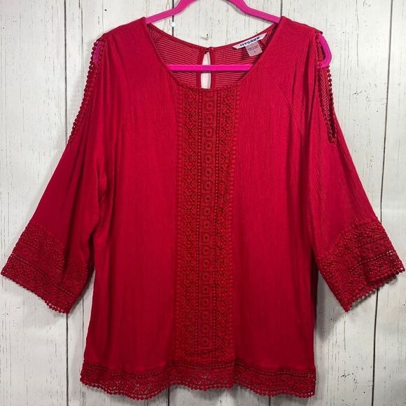 Peter Nygard Red Crochet Embroidered Slit Flared Sleeve Round Neck Blouse - Picture 1 of 16